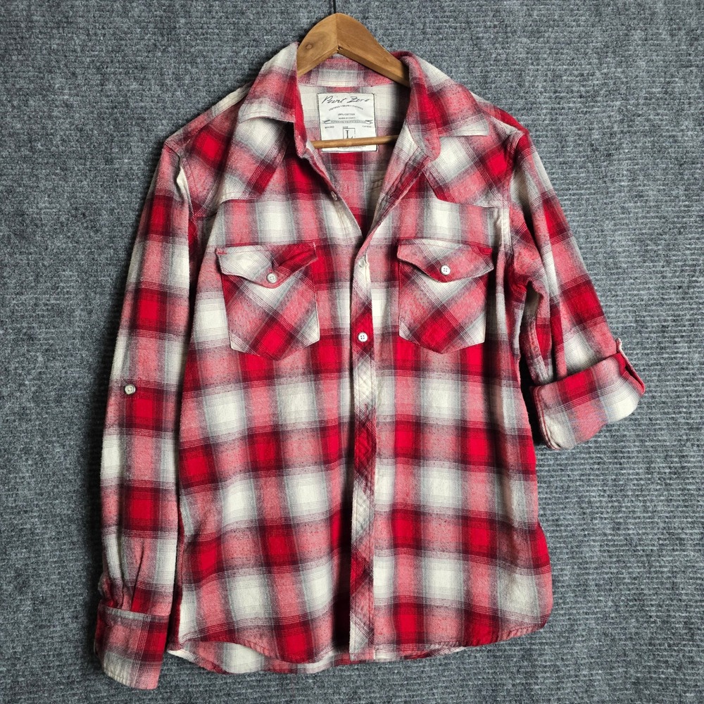 Point Zero Mens Red White Plaid Flannel Button Down Western Shirt Large